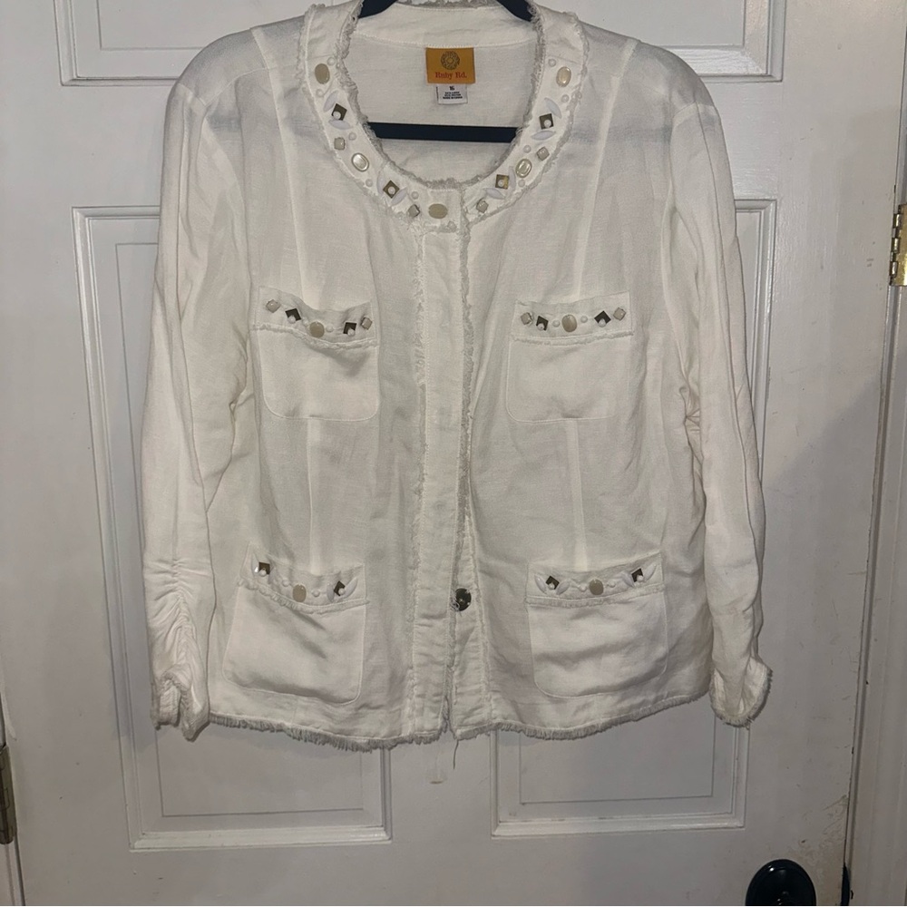 Ruby Rd. Embellished Linen Blend Jacket Women’s 16 White Beige Boho Chic Casual - Picture 5 of 7